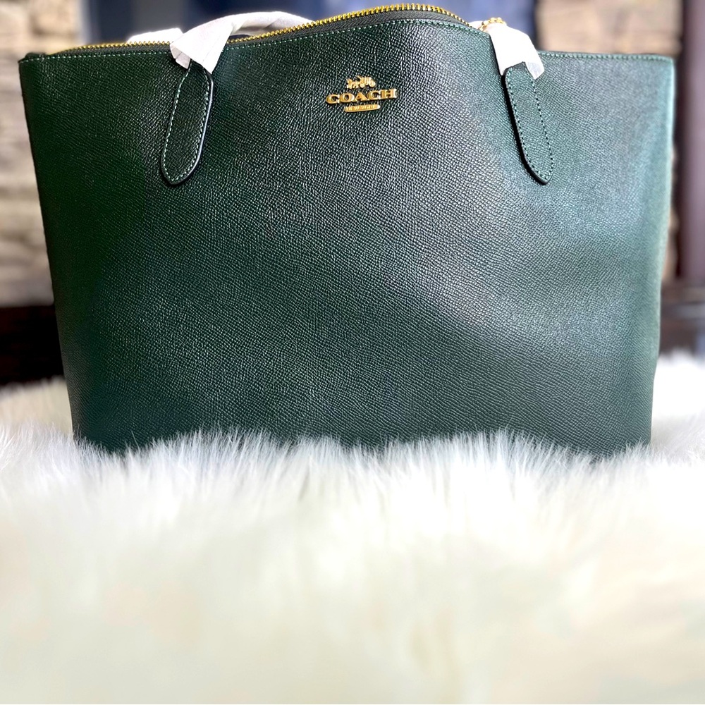 Coach Dark Green Crossgrain Leather Zip Top Caryall Tote Bag 4454 NWT